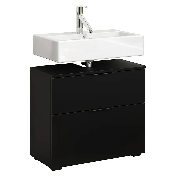 Riva Waschtischunterschrank Space - B x T x H: 65 x 32 x 57 cm, Schwarz, Matt - Schwarzer Badezimmerschrank mit Waschbecken und Armatur. Das Waschbecken ist rechteckig und weiß, die Armatur ist modern und aus Chrom.
