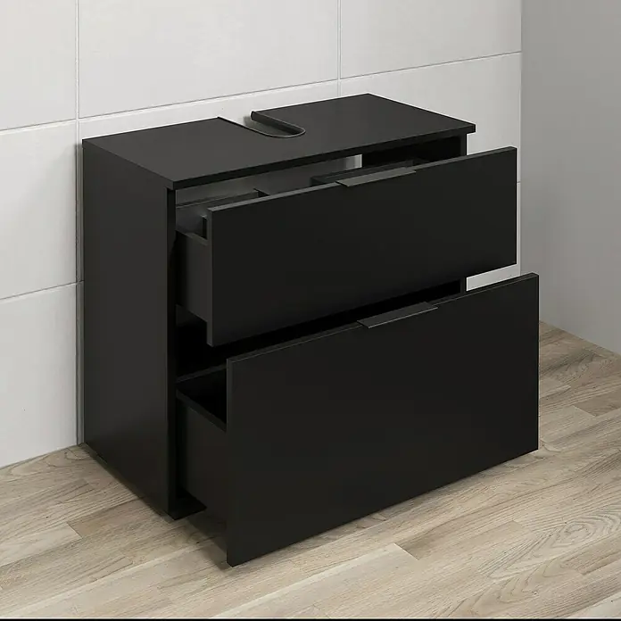 Riva Waschtischunterschrank Space - B x T x H: 65 x 32 x 57 cm, Schwarz, Matt - Dunkelbrauner Waschtischunterschrank mit zwei Auszügen, die teilweise geöffnet sind, vor einer weißen Wand und einem hellen Holzboden.