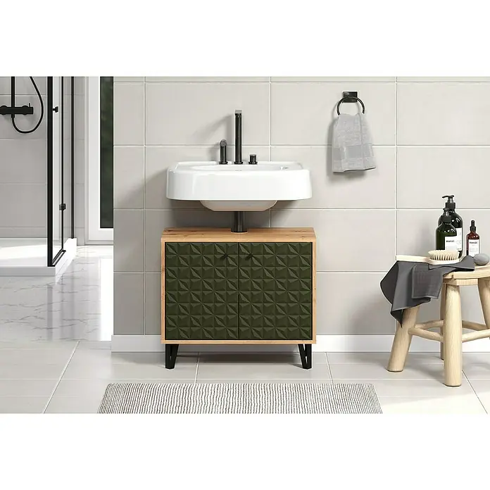Riva Waschtischunterschrank Flower - B x T x H: 70 x 34 x 59 cm, Dark Green/Artisan Eiche, Matt - Modernes Badezimmerwaschbecken mit Unterschrank in Holz und Grün. Elegantes Design mit stilvollen Armaturen und Handtuchhalter.
