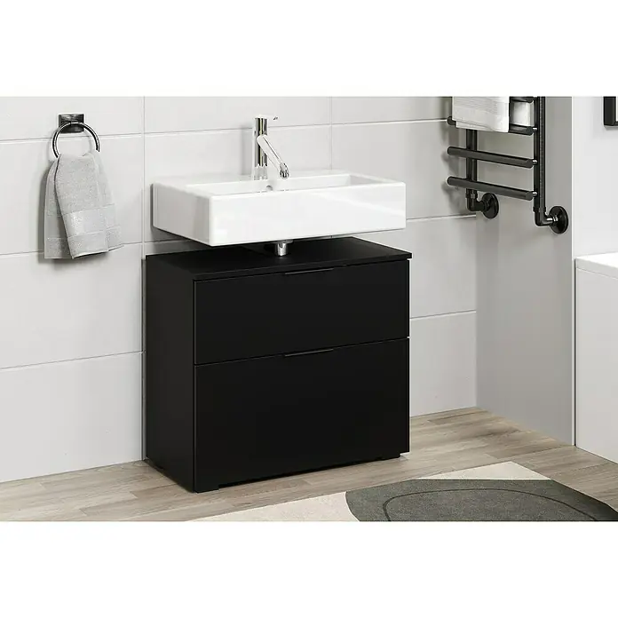 Riva Waschtischunterschrank Space - B x T x H: 65 x 32 x 57 cm, Schwarz, Matt - Badezimmerwaschtisch mit schwarzem Unterschrank und weißem Aufsatzwaschbecken. Handtuchhalter und Heizkörper im Hintergrund.