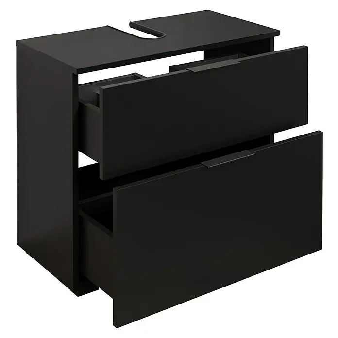 Riva Waschtischunterschrank Space - B x T x H: 65 x 32 x 57 cm, Schwarz, Matt - Schwarzer Waschtischunterschrank mit zwei Schubladen, die teilweise geöffnet sind, für Badezimmer.