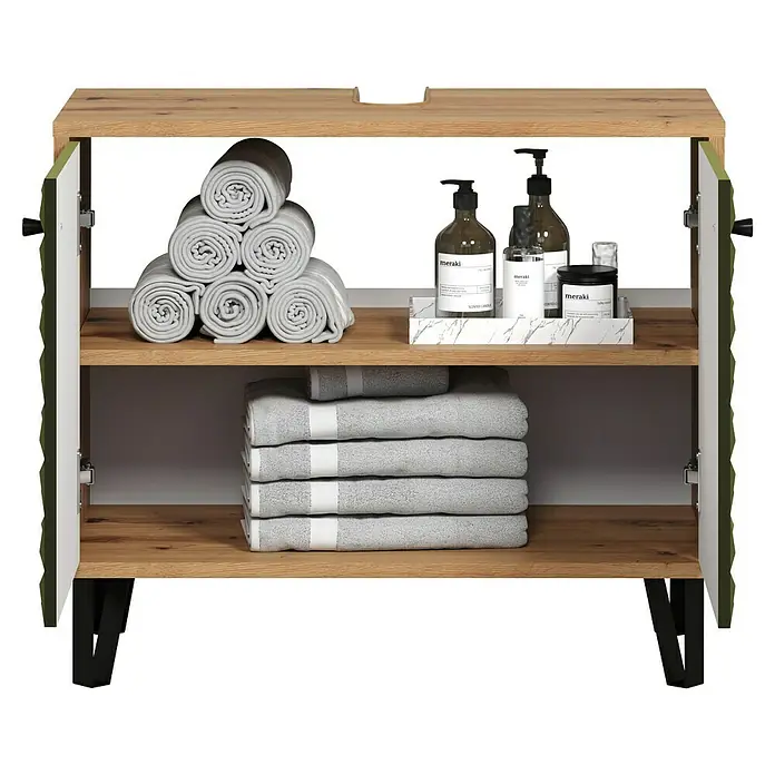 Riva Waschtischunterschrank Flower - B x T x H: 70 x 34 x 59 cm, Dark Green/Artisan Eiche, Matt - Ein Waschtischunterschrank aus Holz mit zwei Ablagen, auf denen Handtücher und Pflegeprodukte platziert sind, bietet stilvollen Stauraum im Bad.