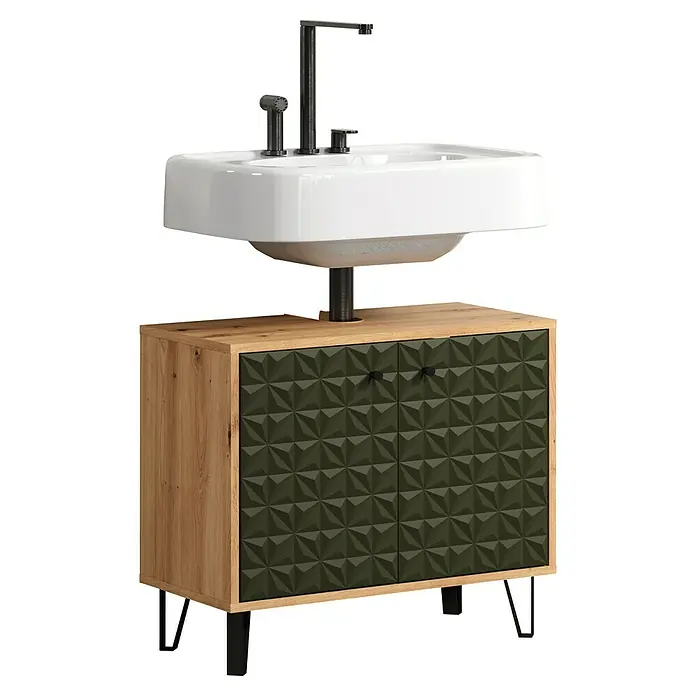 Riva Waschtischunterschrank Flower - B x T x H: 70 x 34 x 59 cm, Dark Green/Artisan Eiche, Matt - Moderne Waschtischkombination mit weißem Aufsatzwaschbecken, stilvoller Armatur und Unterschrank mit markanter Front in dunklem Olivgrün und Holzkorpus.