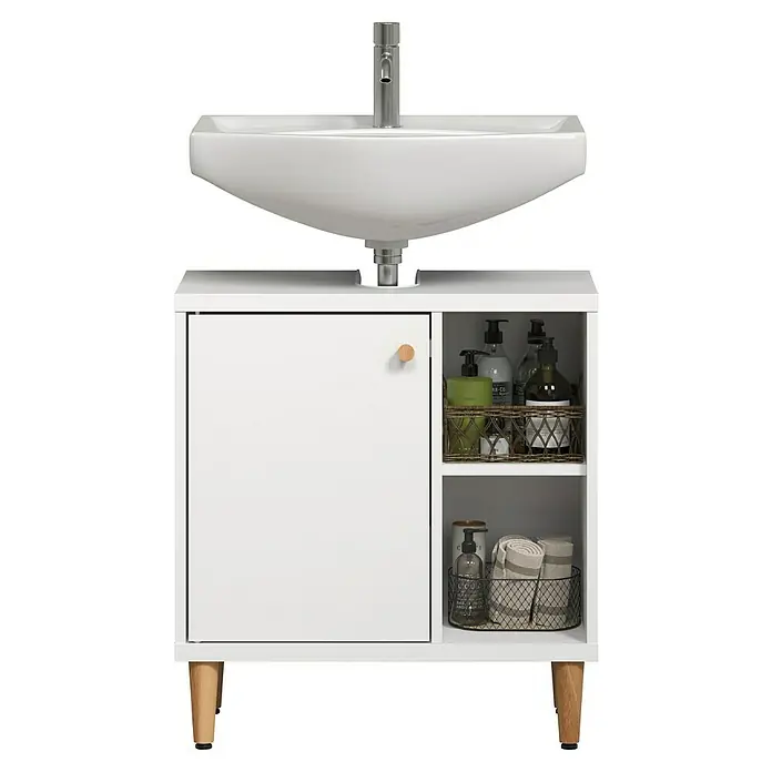Riva Waschtischunterschrank Click - Werkzeuglos montierbar - B x T x H: 60 x 30 x 65 cm, Weiß, Matt - Waschbeckenunterschrank mit weißer Front und Holzdetails. Der Schrank bietet Stauraum und Ablageflächen für Badutensilien.