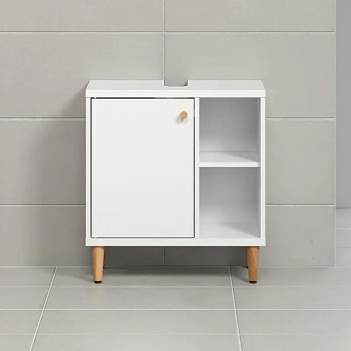 Riva Waschtischunterschrank Click - Werkzeuglos montierbar - B x T x H: 60 x 30 x 65 cm, Weiß, Matt - Weißer Badezimmerschrank mit Holzgriffen und Beinen vor hellgrauen Fliesen. Perfekt für die Aufbewahrung im Badezimmer.