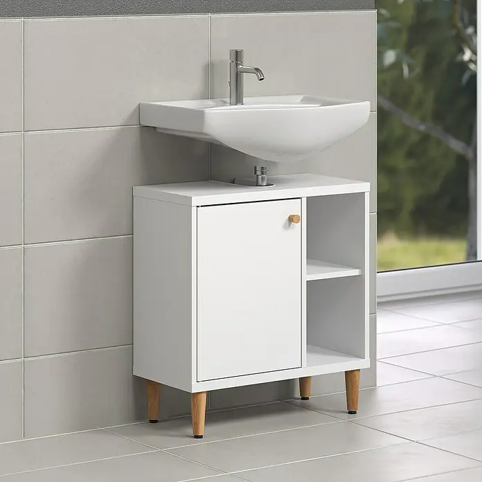 Riva Waschtischunterschrank Click - Werkzeuglos montierbar - B x T x H: 60 x 30 x 65 cm, Weiß, Matt - Modernes Badezimmer mit einem weißen Waschtischunterschrank und einem Aufsatzwaschbecken, ideal für kleine Räume.