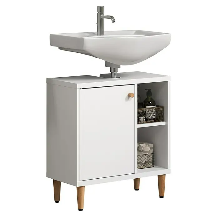 Riva Waschtischunterschrank Click - Werkzeuglos montierbar - B x T x H: 60 x 30 x 65 cm, Weiß, Matt - Waschbeckenunterschrank mit Waschbecken, einem Schrank mit Tür und zwei offenen Fächern. Eine stilvolle Ergänzung für jedes Badezimmer.