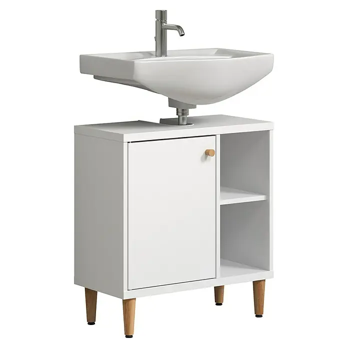 Riva Waschtischunterschrank Click - Werkzeuglos montierbar - B x T x H: 60 x 30 x 65 cm, Weiß, Matt - Elegantes Waschbecken mit Unterschrank in Weiß und Holzfüßen. Das moderne Design passt perfekt in jedes Badezimmer.
