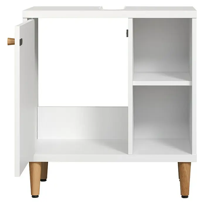 Riva Waschtischunterschrank Click - Werkzeuglos montierbar - B x T x H: 60 x 30 x 65 cm, Weiß, Matt - Modernes, weißes Waschbeckenunterschrank mit offenem Regal und einer Tür mit Holzgriff für ein stilvolles Badezimmer.