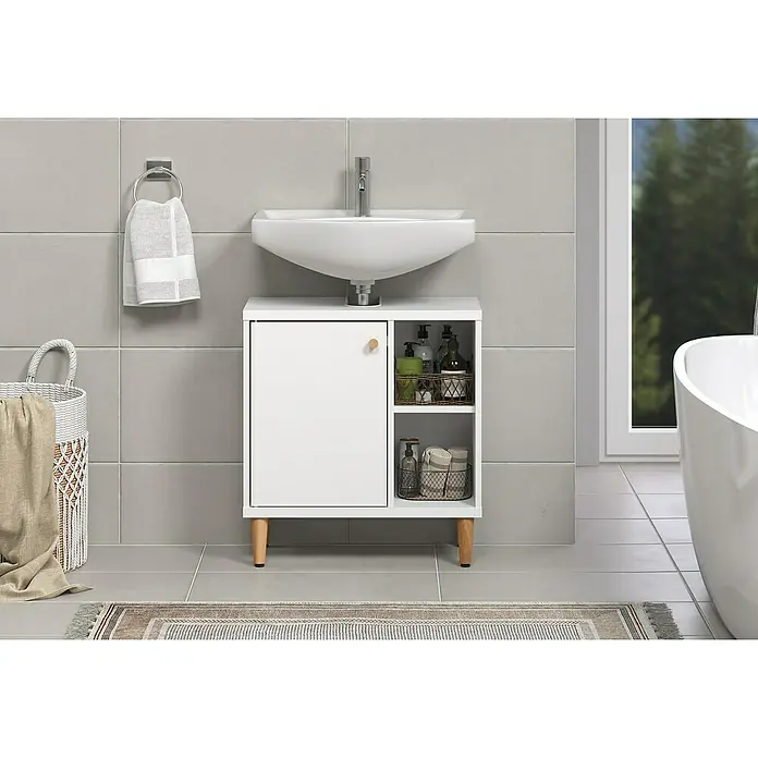 Riva Waschtischunterschrank Click - Werkzeuglos montierbar - B x T x H: 60 x 30 x 65 cm, Weiß, Matt - Badezimmerwaschtisch mit Waschbecken, Handtuch und Dekorationen. Der weiße Waschtisch mit Holzfüßen bietet Stauraum.