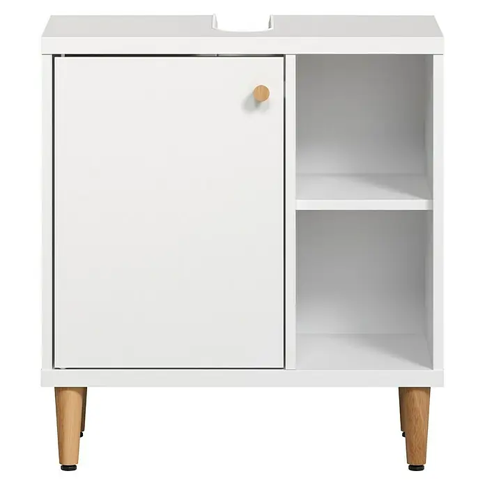 Riva Waschtischunterschrank Click - Werkzeuglos montierbar - B x T x H: 60 x 30 x 65 cm, Weiß, Matt - Schrankunterschrank in Weiß mit einer Tür und offenen Regalen, ideal für Badezimmer. Stilvolles Möbelstück mit Holzfüßen für modernes Ambiente.