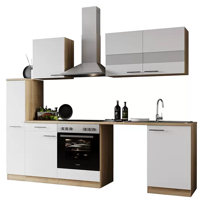 Respekta Küchenzeile Merle - Breite: 250 cm, Weiß, Mit Elektrogeräten, Mit Waschmaschinennische - Moderne Einbauküche in Weiß und Holzoptik mit integriertem Backofen, Kochfeld, Spüle und Dunstabzugshaube.