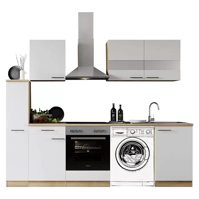 Respekta Küchenzeile Merle - Breite: 250 cm, Weiß, Mit Elektrogeräten, Mit Waschmaschinennische - Moderne weiße Küchenzeile mit heller Holzarbeitsplatte, integriertem Backofen, Kochfeld, Spüle, Dunstabzugshaube und einer skizzierten Waschmaschine.