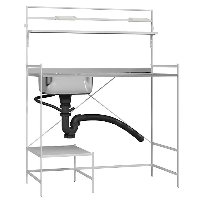Komplettspüle Ben - 113 x 56 cm, Weiß - Das Bild zeigt eine moderne Spüle mit weißem Gestell und doppelter Ablagefläche, ideal für eine stilvolle Kücheneinrichtung.