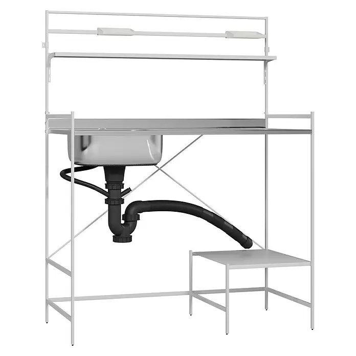 Komplettspüle Ben - 113 x 56 cm, Weiß - Abwaschbecken mit einem hellen Rahmen, Rohrleitungen und einem Regal. Das Abwaschbecken ist aus Edelstahl und hat ein modernes Design.