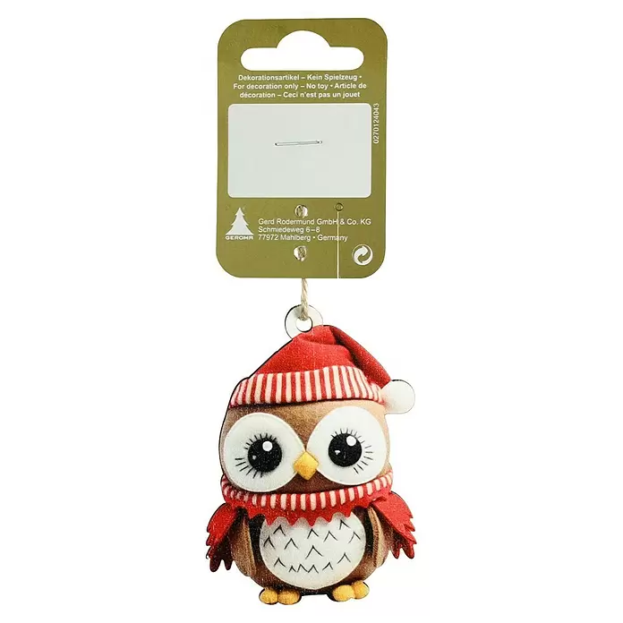 Christbaumschmuck Eule - Weiß/Braun/Rot, Holz, Eule, L x B: 7,5 x 5,5 cm - Brauner Eulen-Anhänger mit rotem Weihnachtshut und Schal.
