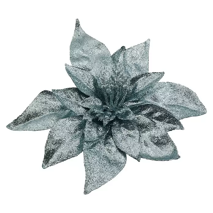 Dekoblüte Weihnachtsstern mit Clip - Durchmesser: 21 cm, Türkis - Glitzernde silberne Weihnachtsstern-Blumendekoration.