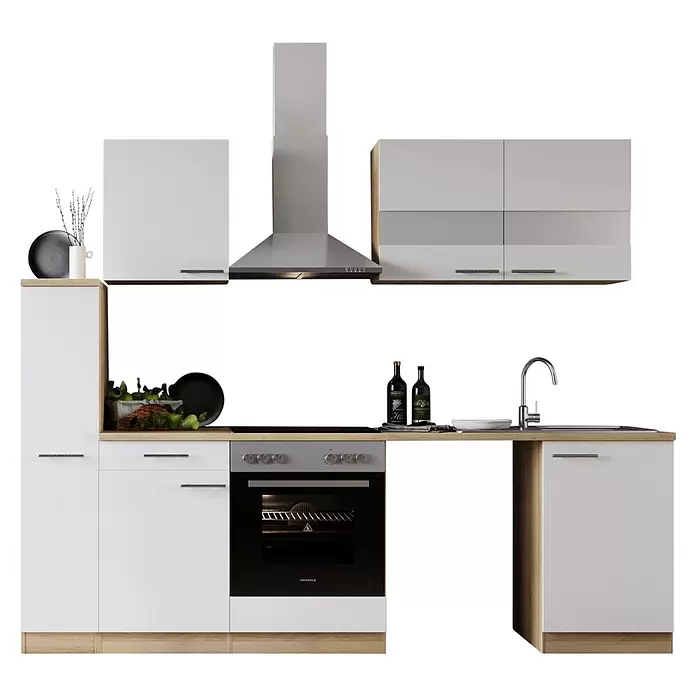 Respekta Küchenzeile Merle - Breite: 250 cm, Weiß, Mit Elektrogeräten, Mit Waschmaschinennische - Moderne Küchenzeile mit weißen Schränken, hellen Holz Akzenten, Edelstahl Backofen, Kochfeld, Spüle und Dunstabzugshaube.