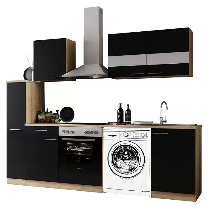 Respekta Küchenzeile Merle - Breite: 250 cm, Schwarz, Mit Elektrogeräten, Mit Waschmaschinennische - Schwarze Küchenzeile mit Holzdetails, Ofen, Kochfeld, Spüle, Dunstabzugshaube und einer skizzierten Waschmaschine.