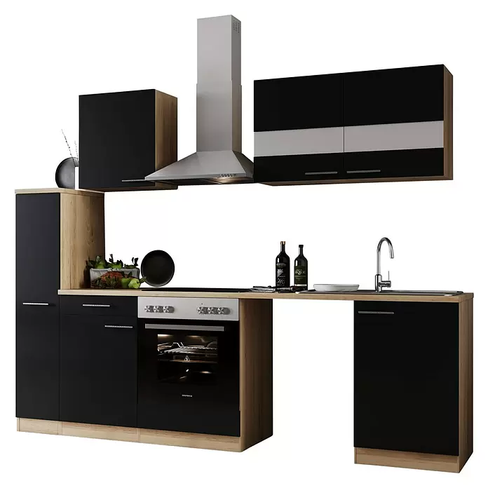 Respekta Küchenzeile Merle - Breite: 250 cm, Schwarz, Mit Elektrogeräten, Mit Waschmaschinennische - Moderne Küchenzeile mit schwarzen Schränken, hellen Holzplatten, Edelstahlofen, Kochfeld, Spüle und Dunstabzugshaube.
