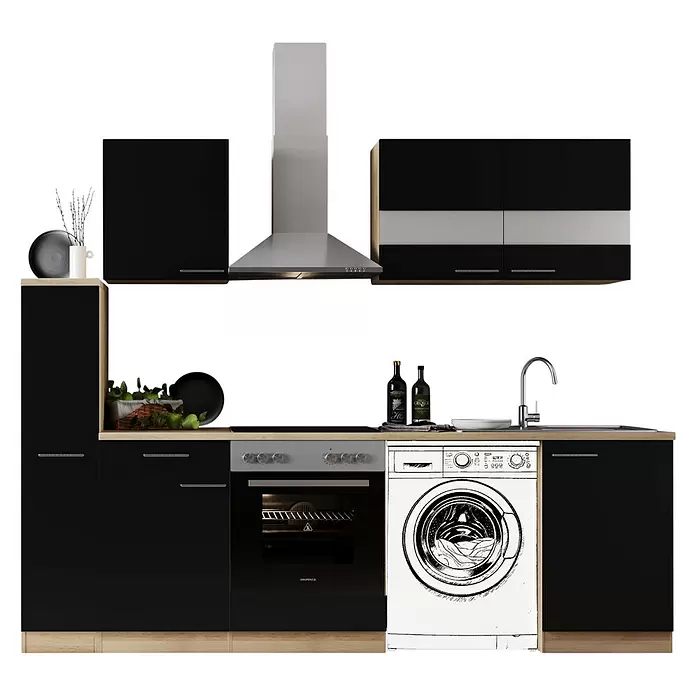 Respekta Küchenzeile Merle - Breite: 250 cm, Schwarz, Mit Elektrogeräten, Mit Waschmaschinennische - Schwarze modulare Küchenzeile mit Holzplatte, integriertem Backofen, Kochfeld, Spüle und Edelstahlhaube. Mit skizzierter Waschmaschine.