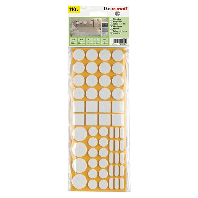 Fix-o-moll Filzgleiter - Kleben, 110 -tlg., Weiß/Braun - Filzgleiter-Set von fix-o-moll mit 110 Stück in verschiedenen Formen und Größen für Möbel zum Schutz empfindlicher Böden.