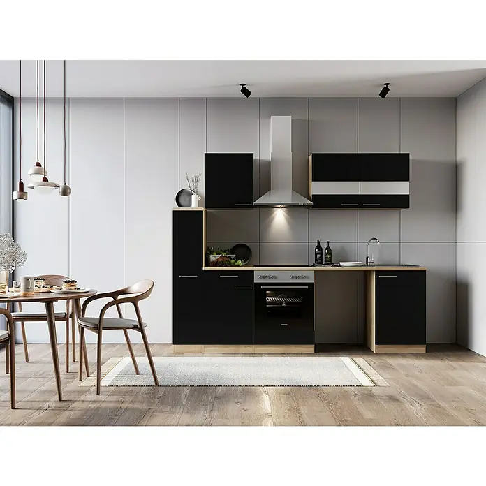 Respekta Küchenzeile Merle - Breite: 250 cm, Schwarz, Mit Elektrogeräten, Mit Waschmaschinennische - Moderne Küche mit schwarzen Schränken und Holzakzenten, die ein elegantes und stilvolles Design mit funktionaler Anordnung kombiniert.