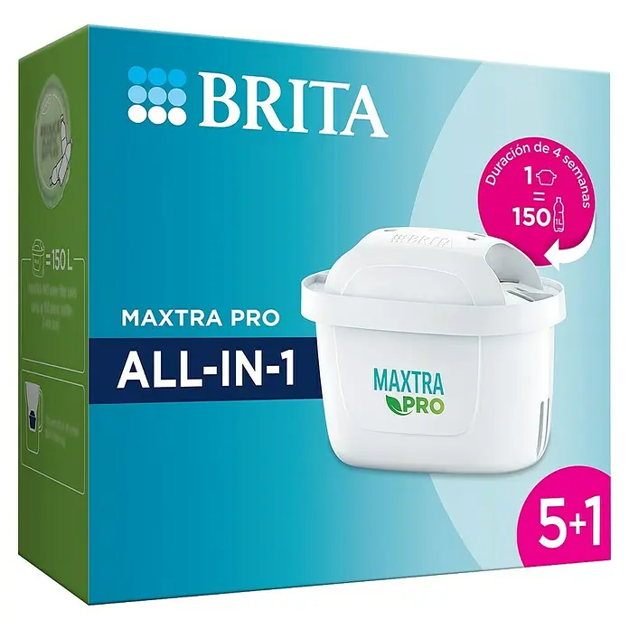 Brita Cartucho para jarra filtrante Maxtra Pro all-in-1 - Específico para: Jarras de filtrado Brita, 5 + 1 pzs. - Pack de cartuchos filtrantes BRITA MAXTRA PRO ALL-IN-1, 5+1 para agua limpia, sabrosa y reducción de cal.