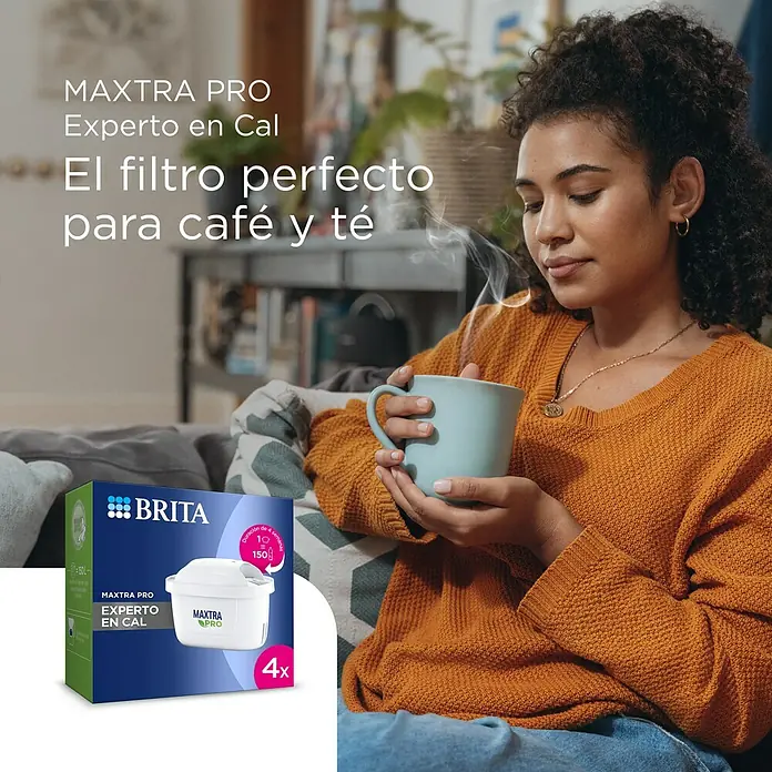 Brita Cartucho para jarra filtrante Maxtra Pro Experto en Cal - Específico para: Jarras filtrantes Brita, 4 pzs. - Imagen de un paquete de filtros de agua Brita Maxtra Pro para la protección contra la cal, ideal para los amantes del café y el té.