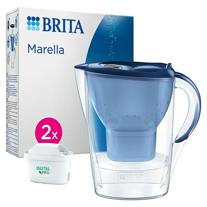 Brita Jarra filtrante Marella - Capacidad volumétrica: 2,4 l, 1 ud., Transparente/Azul - Jarra filtradora de agua Brita Marella con 2 cartuchos de filtro Maxtra Pro para agua limpia y sabrosa.