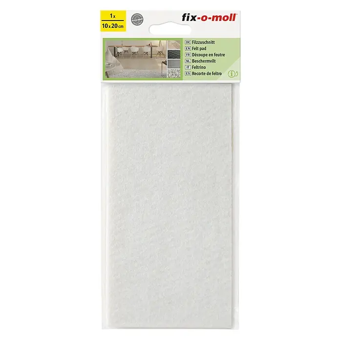 Fix-o-moll Filzgleiter - B x H: 200 x 100 mm, Kleben, 1 -tlg., Weiß - Das Bild zeigt ein Fix-o-Moll Filzzuschnitt, 1 Stück, 10x20cm, ideal zum Schutz von Oberflächen und zur Geräuschreduzierung.