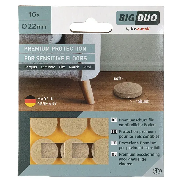 Fix-o-moll Filzgleiter - Durchmesser: 22 mm, Kleben, 16 Stk., Beige - Produktbild: 16 Stück Big Duo Premium Schutz für empfindliche Böden, Durchmesser 22 mm, ideal für Parkett, Laminat, Fliesen, Marmor und Vinyl.