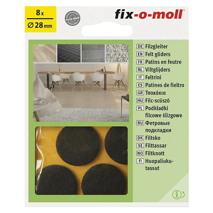 Fix-o-moll Filzgleiter - Durchmesser: 28 mm, Kleben, 8 Stk., Braun - Bild von "fix-o-moll" Filzgleiter, 8 Stück, Durchmesser 28mm, zum Schutz von Böden vor Kratzern und Beschädigungen durch Möbel.