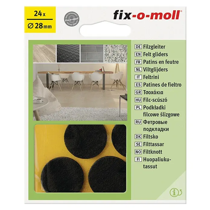 Fix-o-moll Filzgleiter - Durchmesser: 28 mm, Kleben, 24 Stk., Braun - Filzgleiter-Set von fix-o-moll, 24 Stück, Durchmesser 28 mm, für Möbel zum Schutz empfindlicher Böden.