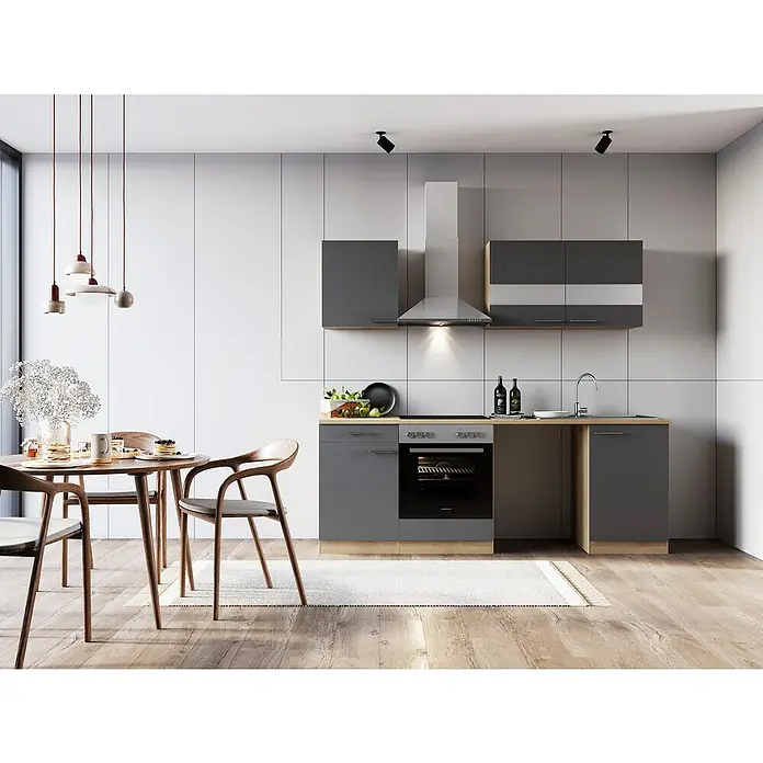 Respekta Küchenzeile Merle - Breite: 220 cm, Grau, Mit Elektrogeräten, Mit Waschmaschinennische - Moderne Küche mit grauen Schränken, Holzelementen und Esstisch. Elegantes Design für stilvolles Wohnen.