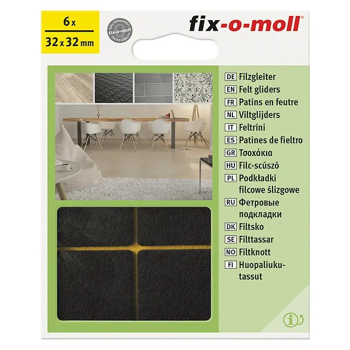 Fix-o-moll Filzgleiter - B x H: 32 x 32 mm, Kleben, 6 Stk., Braun - Filzgleiter von Fix-o-moll, 6 Stück, 32x32 mm. Ideal zum Schutz von Böden vor Kratzern und Beschädigungen durch Möbel.