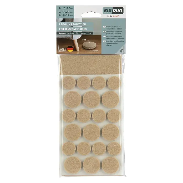 Fix-o-moll Filzgleiter-Set - Kleben, 27 -tlg., braun - Bild einer Packung Big Duo Möbelgleiter von fix-o-moll, ideal für empfindliche Böden. Die Filzgleiter schützen Parkett, Laminat und andere Bodenbeläge.