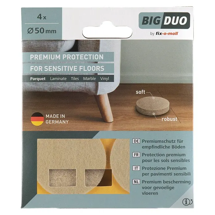 Fix-o-moll Filzgleiter - Durchmesser: 50 mm, Kleben, 4 Stk., Weiß - Premium Bodenschoner "Big Duo" 4er-Pack, Ø50mm für empfindliche Böden, hergestellt in Deutschland, mit weicher und robuster Seite.
