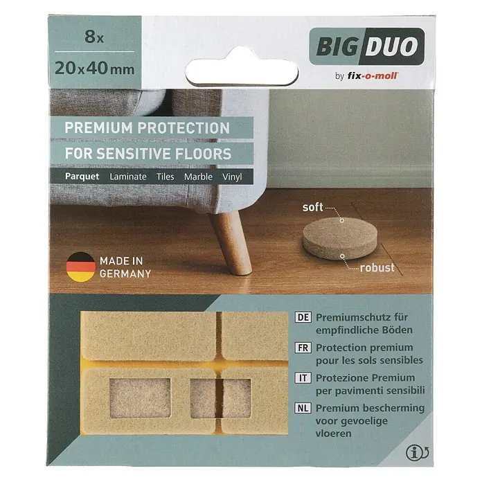 Fix-o-moll Filzgleiter - B x H: 40 x 20 mm, Kleben, 8 Stk., Weiß - Bild einer BIG DUO-Packung mit Filzgleitern für Möbel, 20x40 mm, zum Schutz empfindlicher Böden wie Parkett, Laminat, Fliesen, Marmor und Vinyl.