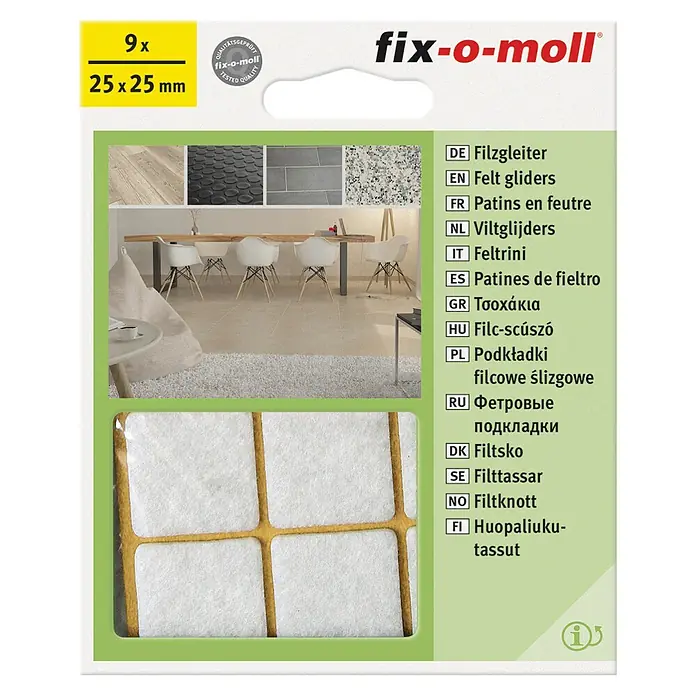 Fix-o-moll Filzgleiter - B x H: 25 x 25 mm, Kleben, 9 Stk., Weiß - Filzgleiter von fix-o-moll, 9 Stück, 25x25mm, für Möbel zum Schutz von Böden vor Kratzern und Beschädigungen.