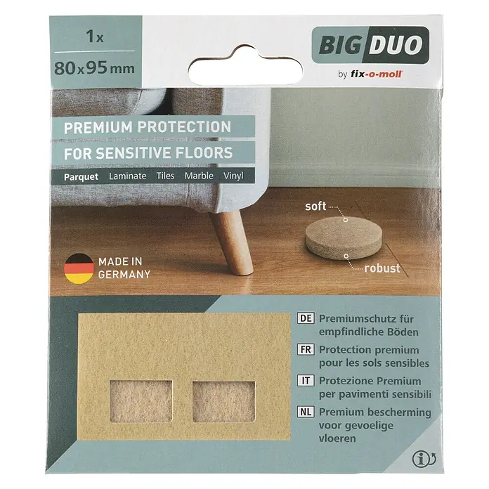 Fix-o-moll Filzgleiter - B x H: 80 x 95 mm, Kleben, 1 -tlg., Weiß - Bild der BIG DUO Premiumschutz Filzgleiter für empfindliche Böden, 1 Stück, 80x95 mm.