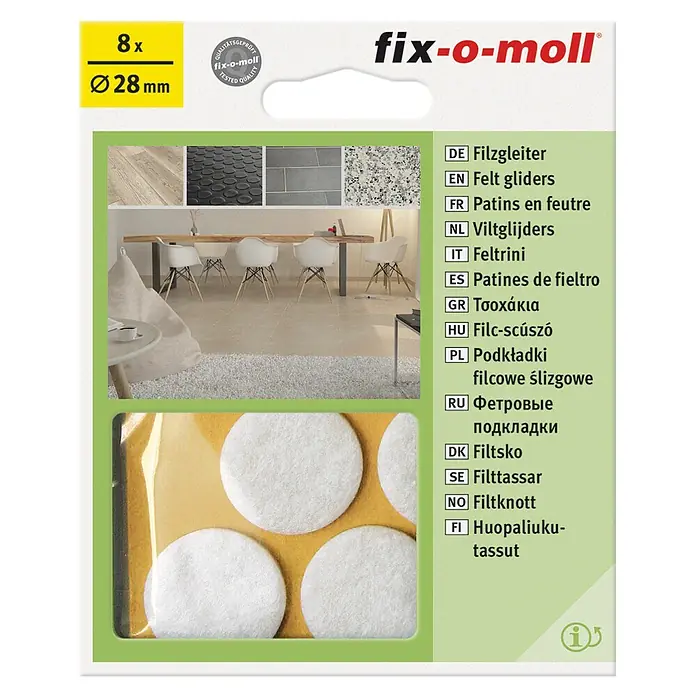 Fix-o-moll Filzgleiter - Durchmesser: 28 mm, Kleben, 8 Stk., Weiß - Packung Filzgleiter, 8 Stück, Ø28mm, zum Schutz von Böden und Möbeln vor Kratzern und Beschädigungen.