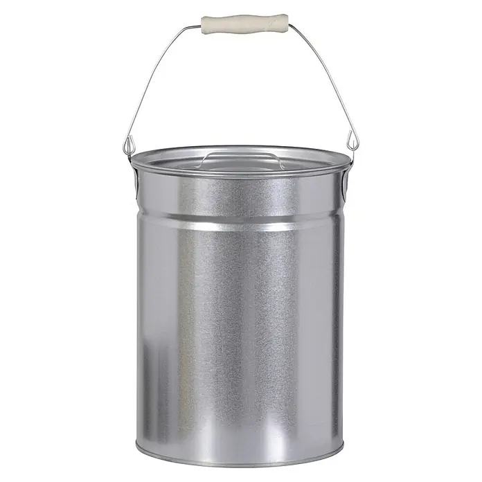 Ascheeimer - 14 l, Verzinkt, Deckel - Nahaufnahme eines leeren Metalleimers mit Tragegriff. Ideal für Farbe oder andere Flüssigkeiten, robust und praktisch.