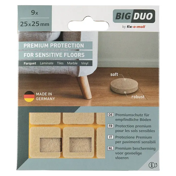 Fix-o-moll Filzgleiter - B x H: 25 x 25 mm, Kleben, 9 Stk., Beige - Abbildung der BIG DUO Möbelgleiter, 9 Stück, 25x25mm, für empfindliche Böden wie Parkett, Laminat, Fliesen, Marmor und Vinyl.