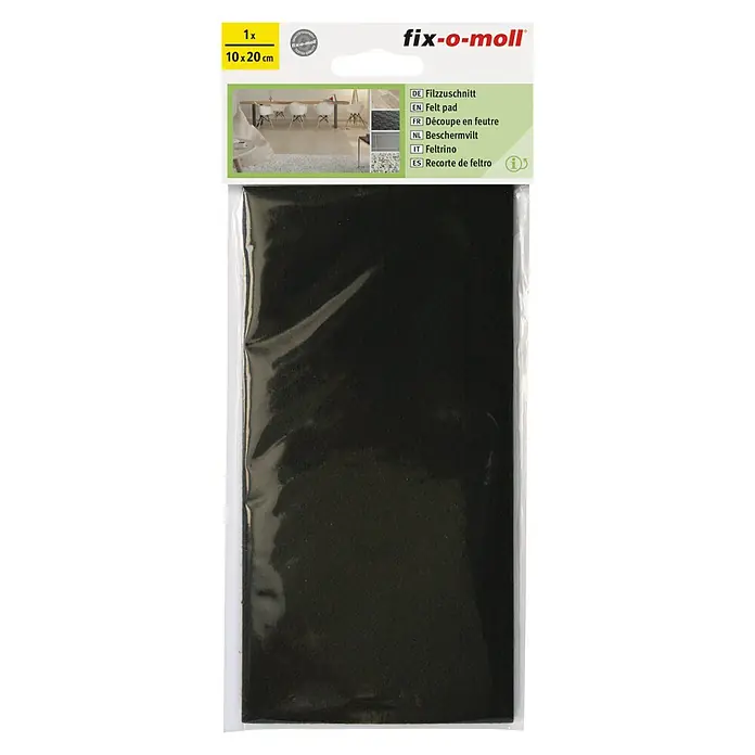 Fix-o-moll Filzgleiter - B x H: 100 x 200 mm, Kleben, 1 Stk., braun - Produktbild von einem schwarzen, rechteckigen Fix-o-Moll Filzzuschnitt in der Größe 10x20 cm, verpackt in einer durchsichtigen Folie.