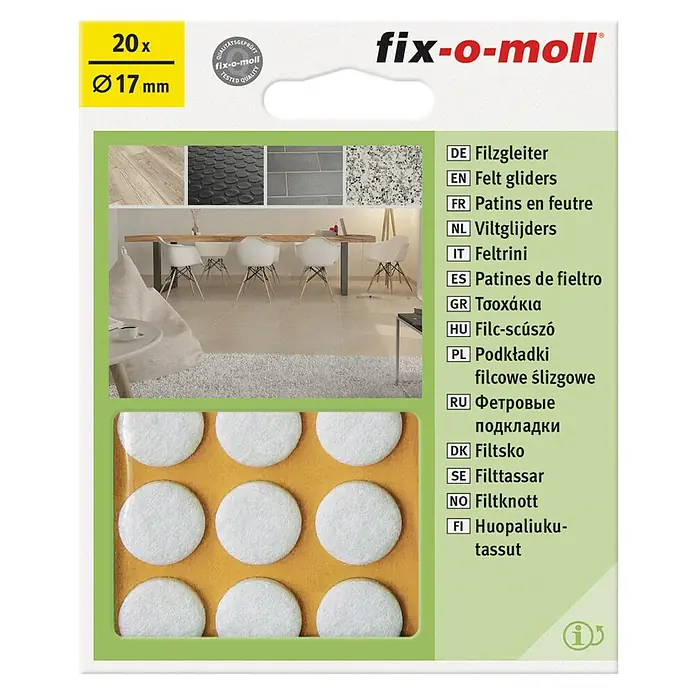 Fix-o-moll Filzgleiter - Durchmesser: 17 mm, Kleben, 20 Stk., Weiß - Bild von Fix-o-moll Filzgleitern, 20 Stück, Durchmesser 17 mm, ideal zum Schutz von Böden vor Kratzern und Beschädigungen.