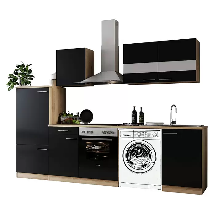 Respekta Küchenzeile Merle - Breite: 280 cm, Schwarz, Mit Elektrogeräten, Mit Waschmaschinennische - Moderne Küche in Schwarz und hellem Holz mit integriertem Backofen, Kochfeld, Spüle und Waschmaschine.