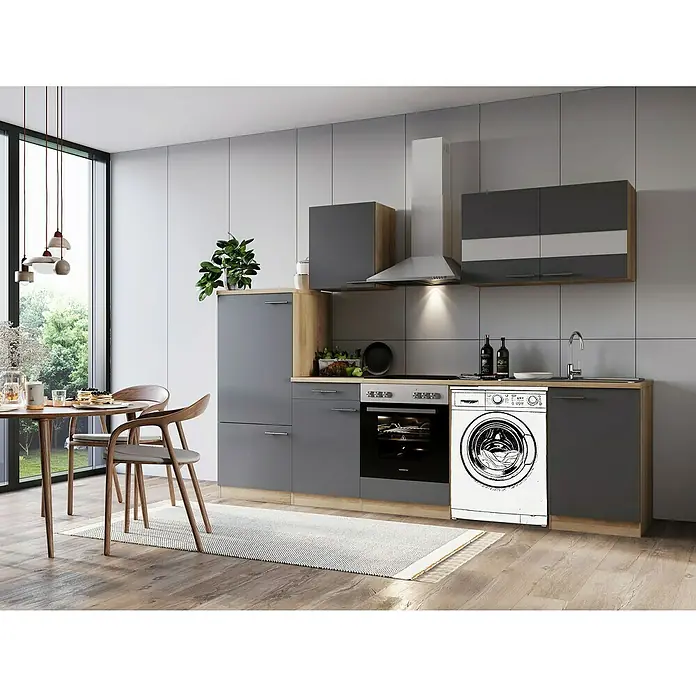 Respekta Küchenzeile Merle - Breite: 280 cm, Grau, Mit Elektrogeräten, Mit Waschmaschinennische - Helle, moderne Küche mit grauen Schränken, Holzakzenten und großem Fenster. Der Essbereich ist mit einem runden Tisch und Stühlen ausgestattet.