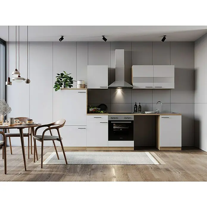 Respekta Küchenzeile Merle - Breite: 280 cm, Weiß, Mit Elektrogeräten, Mit Waschmaschinennische - Helle Küche mit Esstisch: Modernes Küchendesign mit weißen Schränken, Holzelementen und einem runden Esstisch mit Stühlen auf einem Holzboden.