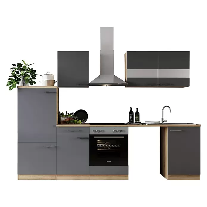 Respekta Küchenzeile Merle - Breite: 280 cm, Grau, Mit Elektrogeräten, Mit Waschmaschinennische - Graue modulare Küchenzeile mit Holzoptik-Details, integriertem Backofen, Kochfeld, Spüle und Dunstabzugshaube.